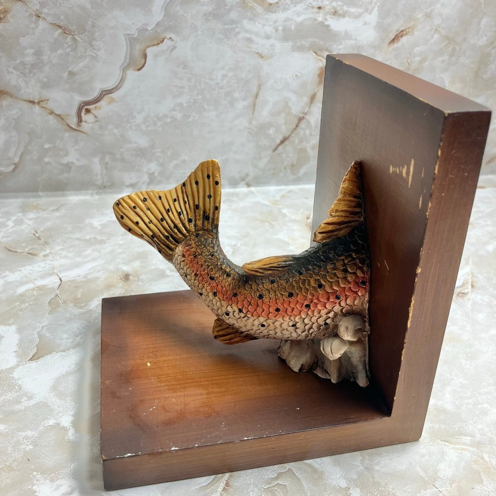 VTG Sterling Rainbow Trout Freshwater Fish Bookends Resin & Wood Rustic - Picture 10 of 12